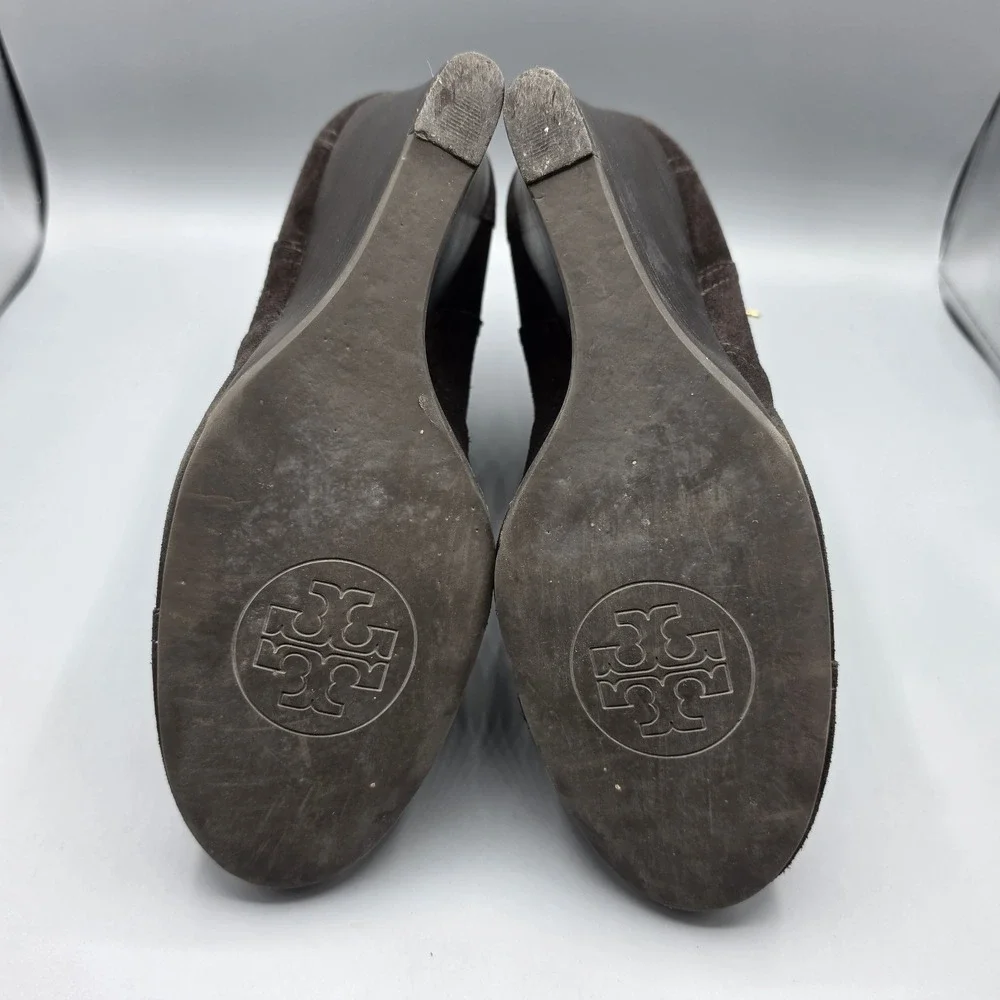 Tory Burch Deanna Booties‎ Womens 10.5 Brown Suede Distressed Wedge Buckles